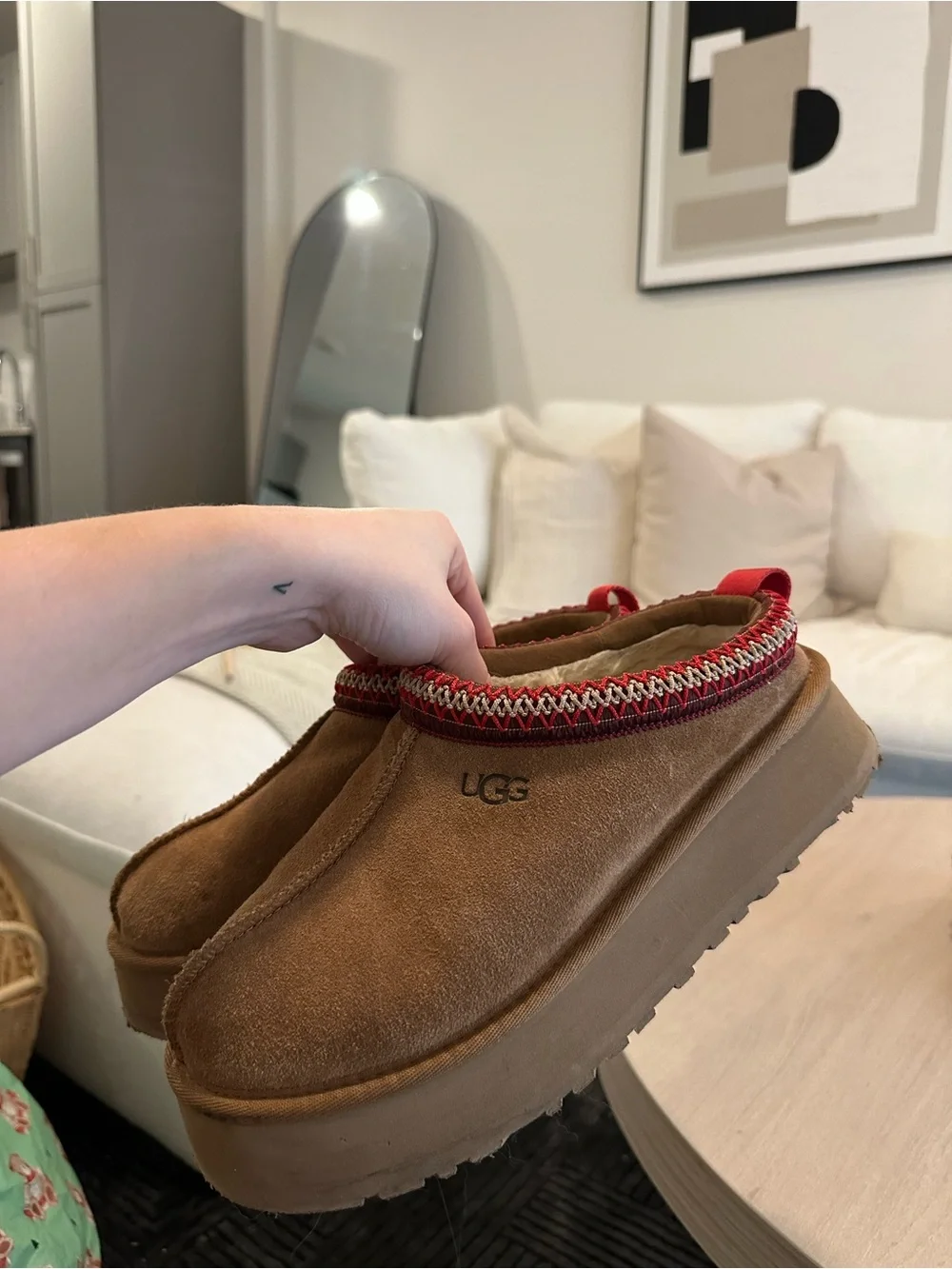 UGG Chestnut Suede Mule Slippers with Red Trim